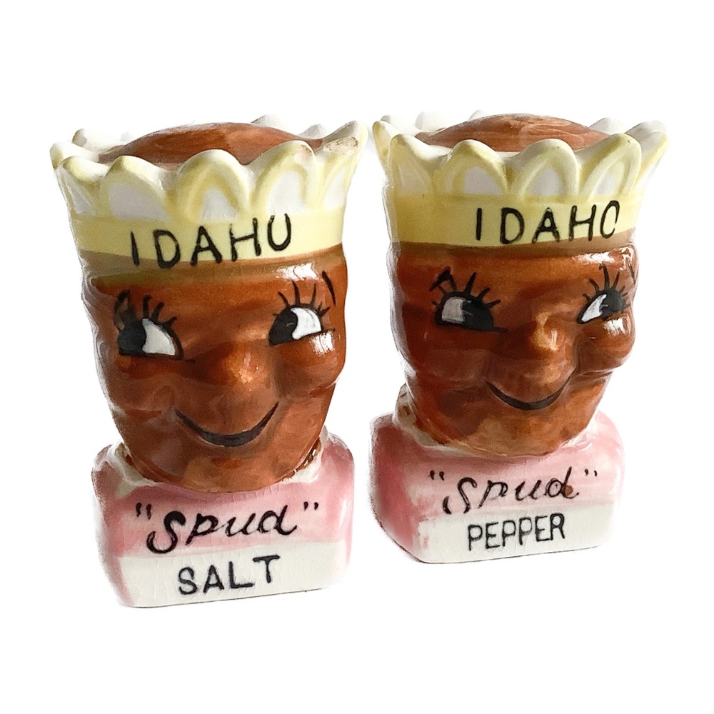 vintage Idaho spud salt and pepper shakers missing plugs ceramic retro kitsch